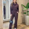 Conjunto Feminino Canelado Blusa Manga Longa e Calça Amarração Marrom - Fernanda Ramos Store