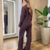 Conjunto Feminino Canelado Blusa Manga Longa e Calça Amarração Marrom - Fernanda Ramos Store