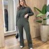 Conjunto Feminino Canelado Blusa Manga Longa e Calça Amarração Verde - Fernanda Ramos Store