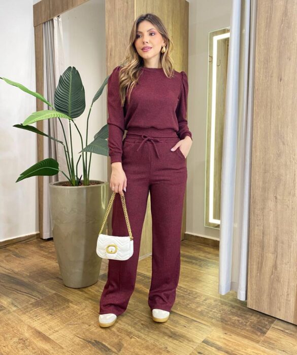 Conjunto Feminino Carol Blusa Manga Longa Princesa e Calça Vinho - Fernanda Ramos Store