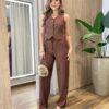 Conjunto Feminino Erica Colete Bolso Falso e Calça Marrom - Fernanda Ramos Store