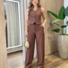Conjunto Feminino Erica Colete Bolso Falso e Calça Marrom - Fernanda Ramos Store
