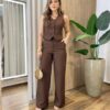 Conjunto Feminino Erica Colete Bolso Falso e Calça Marrom Café - Fernanda Ramos Store