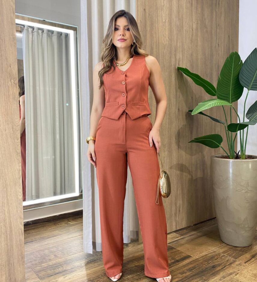 Conjunto Feminino Erica Colete Bolso Falso e Calça Terracota - Fernanda Ramos Store