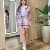 Conjunto Feminino Flanelado Mary Cropped e Short Saia Xadrez Rosa - Fernanda Ramos Store