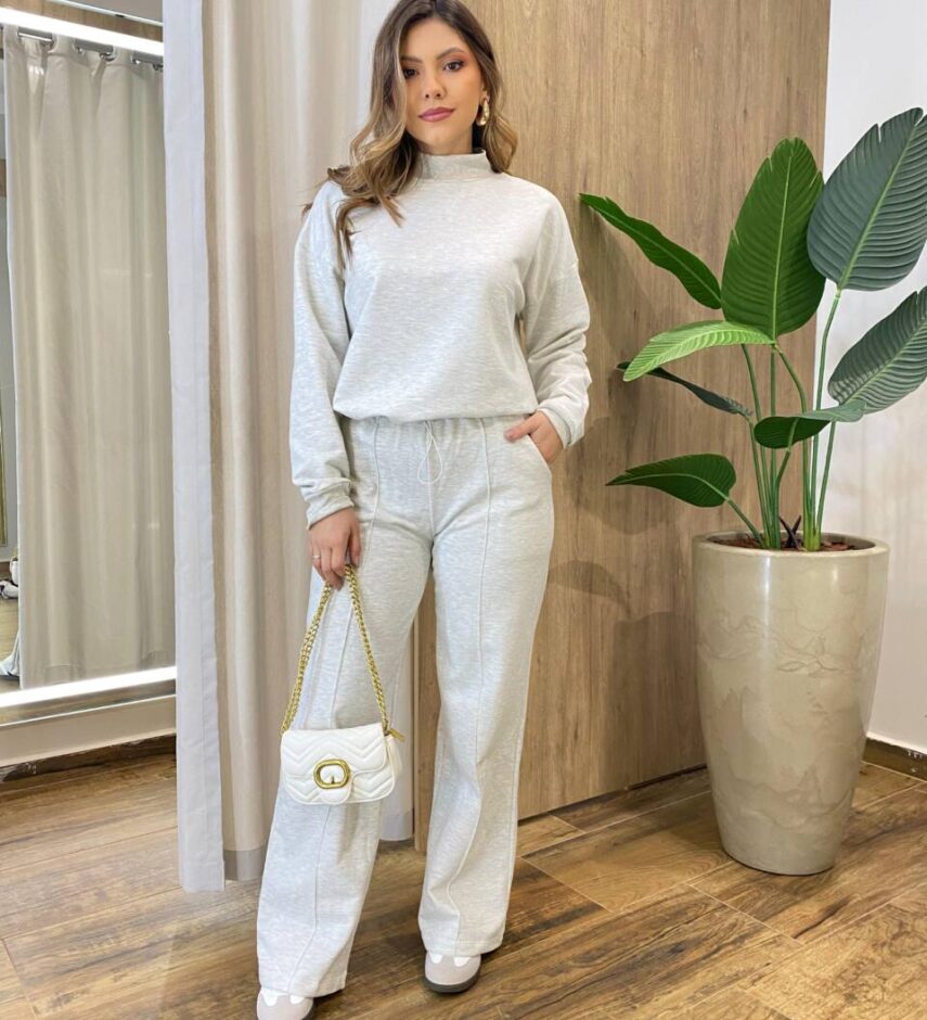 Conjunto Feminino Moletom Blusa Manga Longa e Calça Cinza Mesclado - Fernanda Ramos Store