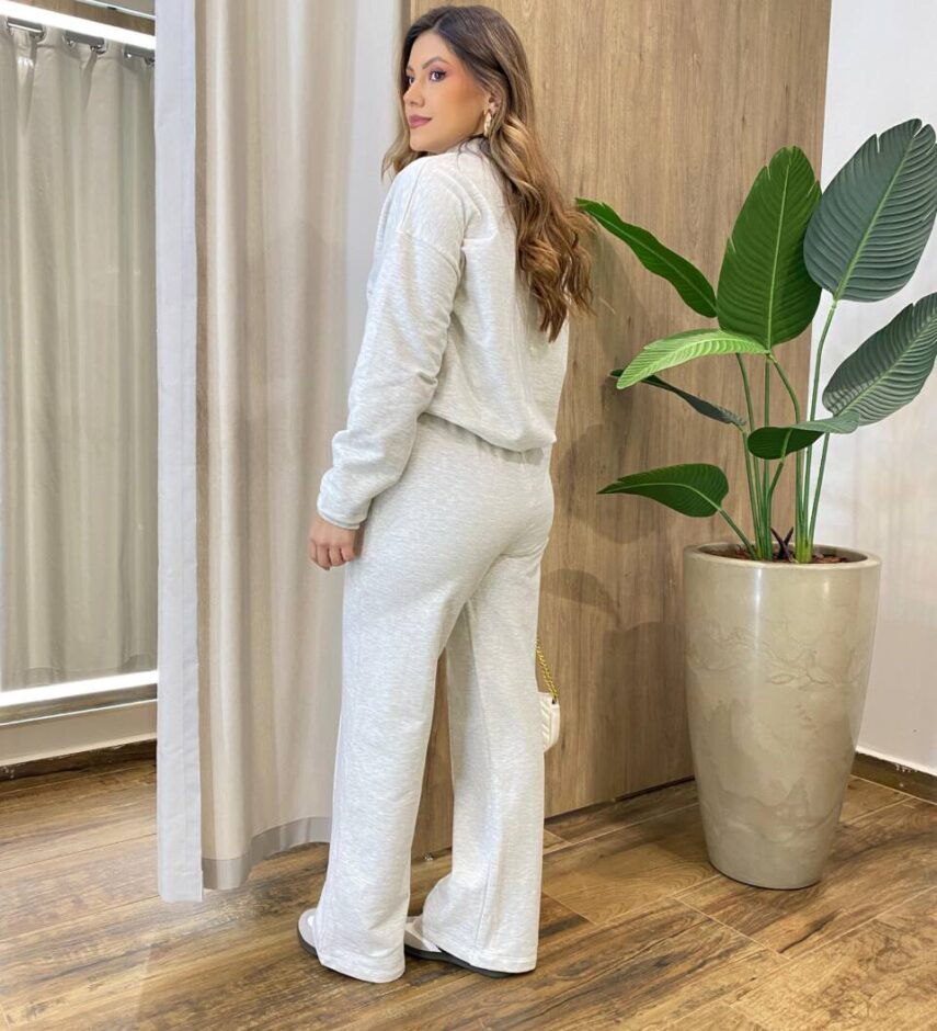 Conjunto Feminino Moletom Blusa Manga Longa e Calça Cinza Mesclado - Fernanda Ramos Store