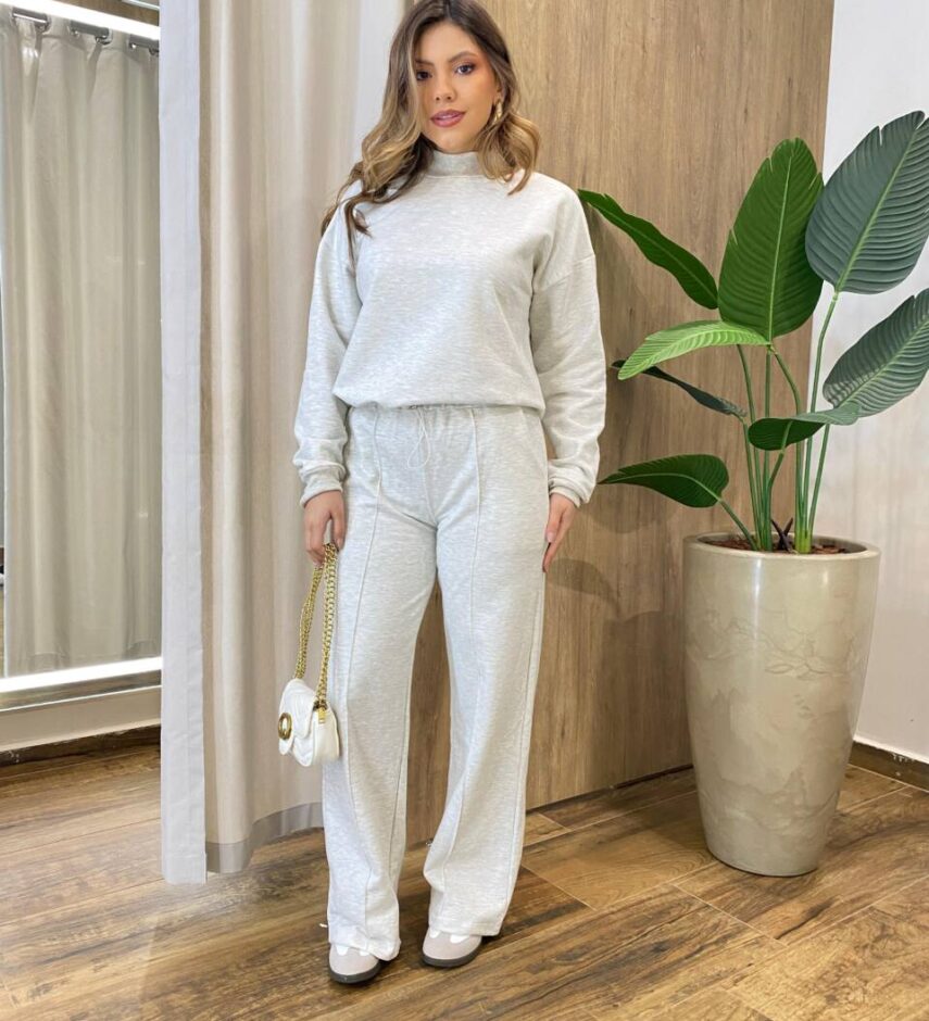Conjunto Feminino Moletom Blusa Manga Longa e Calça Cinza Mesclado - Fernanda Ramos Store