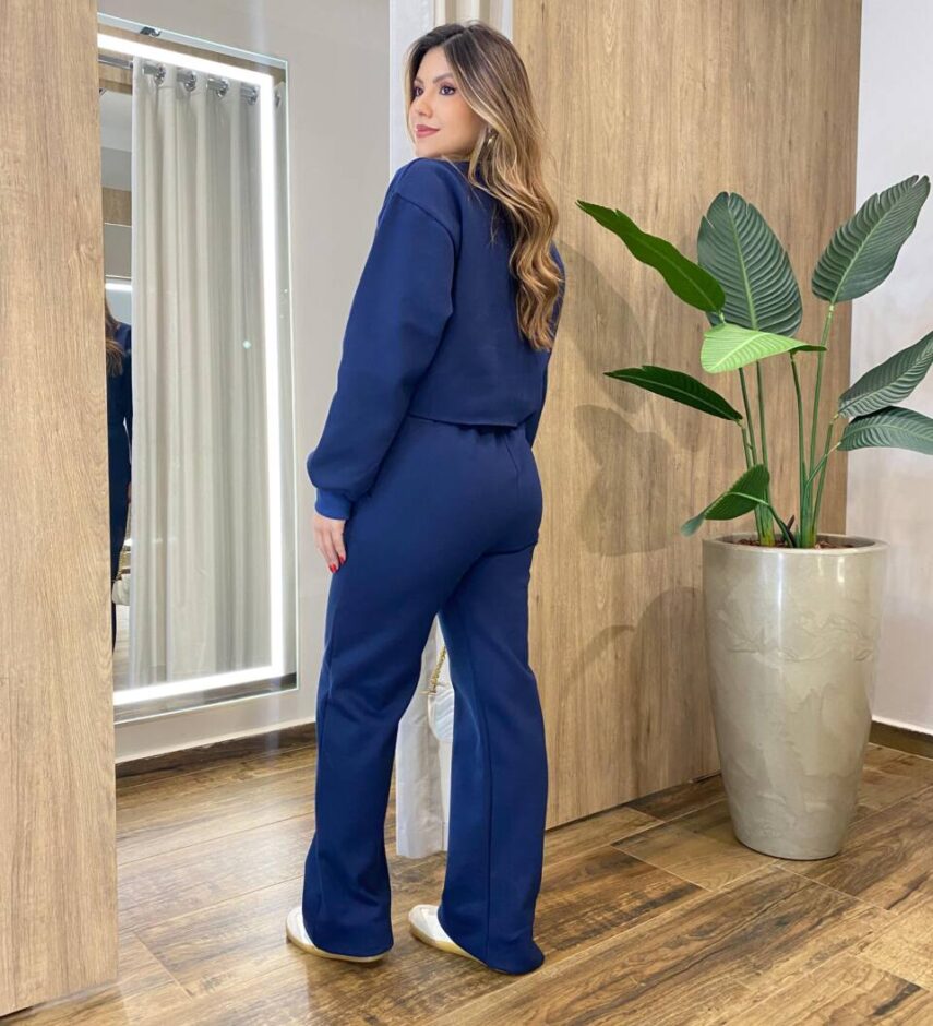Conjunto Feminino Moletom Lua Cropped Manga Longa e Calça Azul - Fernanda Ramos Store