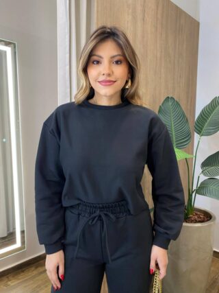 Conjunto Feminino Moletom Lua Cropped Manga Longa e Calça Preto - Fernanda Ramos Store