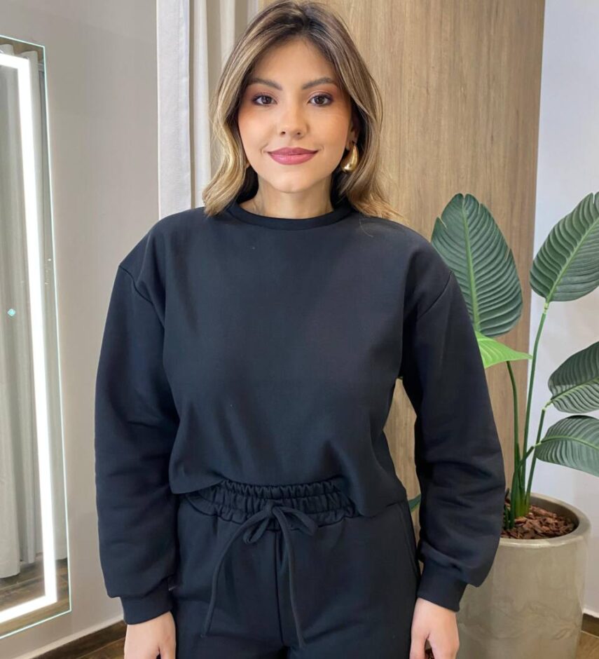 Conjunto Feminino Moletom Lua Cropped Manga Longa e Calça Preto - Fernanda Ramos Store