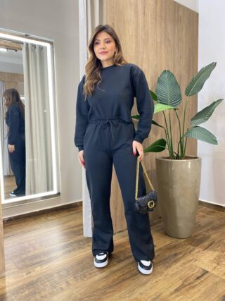 Conjunto Feminino Moletom Lua Cropped Manga Longa e Calça Preto - Fernanda Ramos Store
