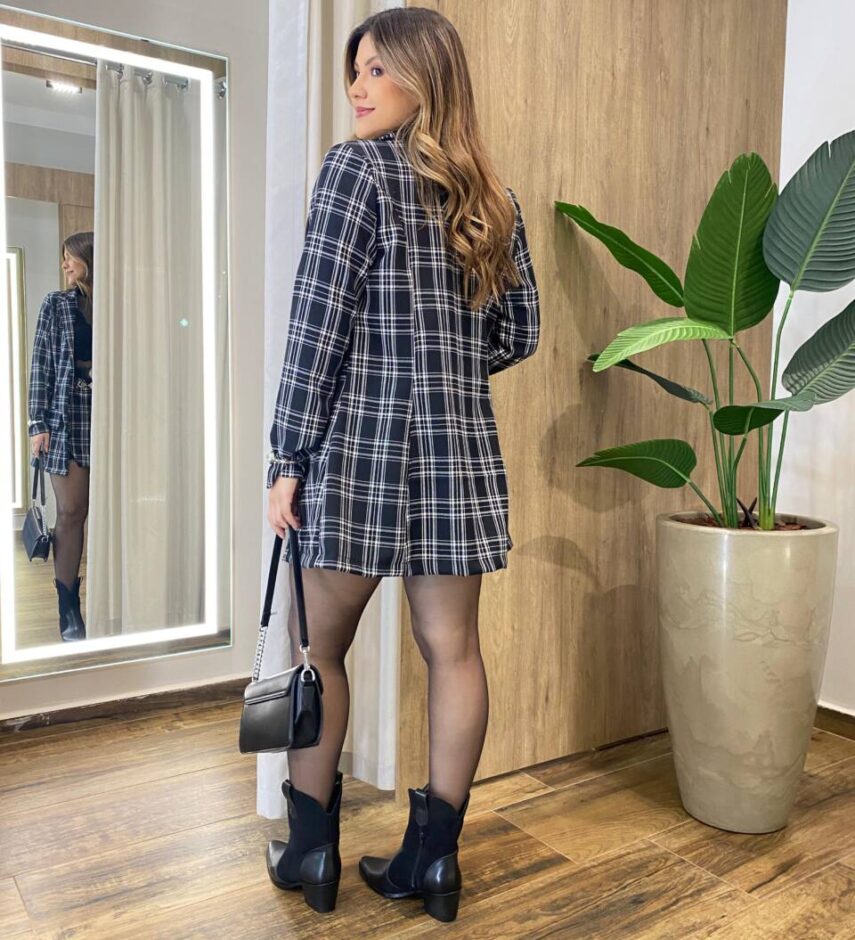 Conjunto Feminino Sol Blazer e Short Saia Xadrez Preto - Fernanda Ramos Store