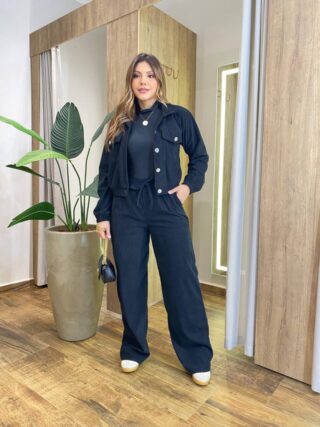 Conjunto Feminino Stella Jaqueta e Calça Veludo Preto - Fernanda Ramos Store