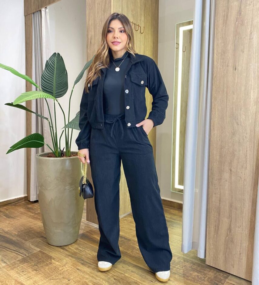 Conjunto Feminino Stella Jaqueta e Calça Veludo Preto - Fernanda Ramos Store