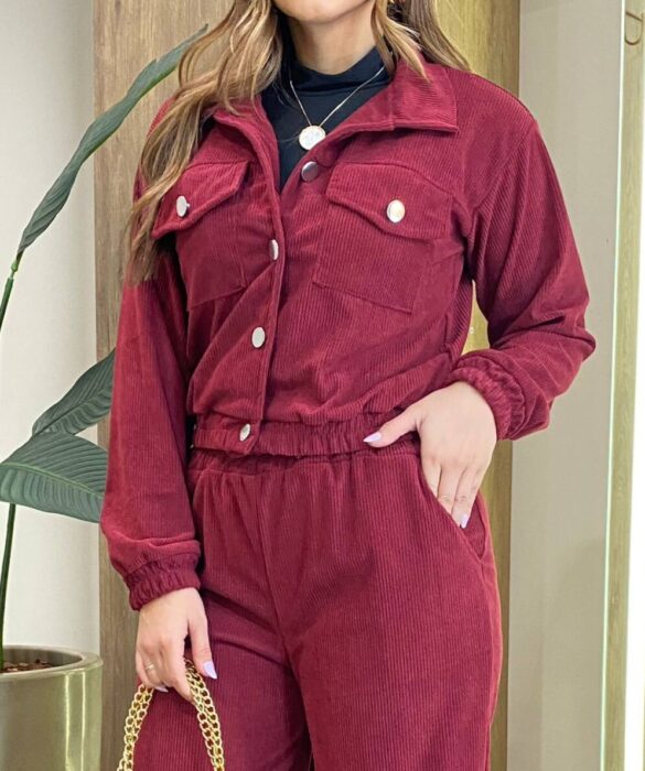 Conjunto Feminino Stella Jaqueta e Calça Veludo Vinho - Fernanda Ramos Store