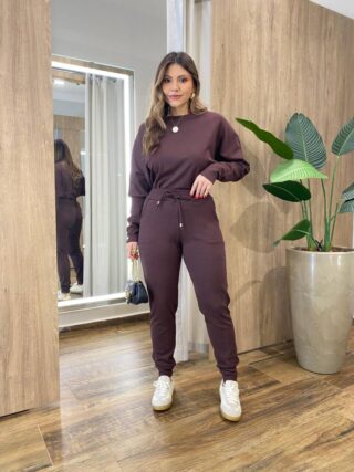 Conjunto Feminino Tylia Blusa Manga Longa e Calça Amarração Marrom - Fernanda Ramos Store