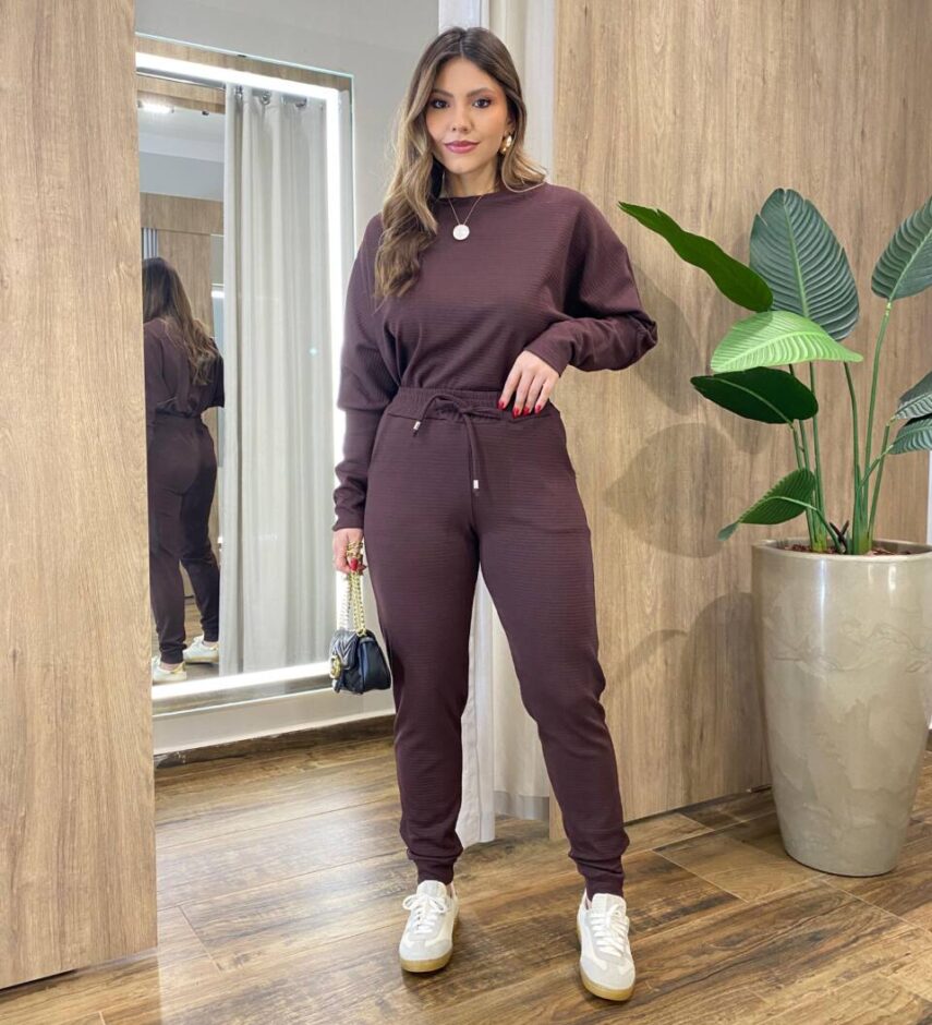 Conjunto Feminino Tylia Blusa Manga Longa e Calça Amarração Marrom - Fernanda Ramos Store