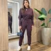 Conjunto Feminino Tylia Blusa Manga Longa e Calça Amarração Marrom - Fernanda Ramos Store