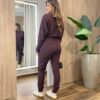 Conjunto Feminino Tylia Blusa Manga Longa e Calça Amarração Marrom - Fernanda Ramos Store