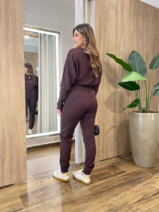 Conjunto Feminino Tylia Blusa Manga Longa e Calça Amarração Marrom - Fernanda Ramos Store
