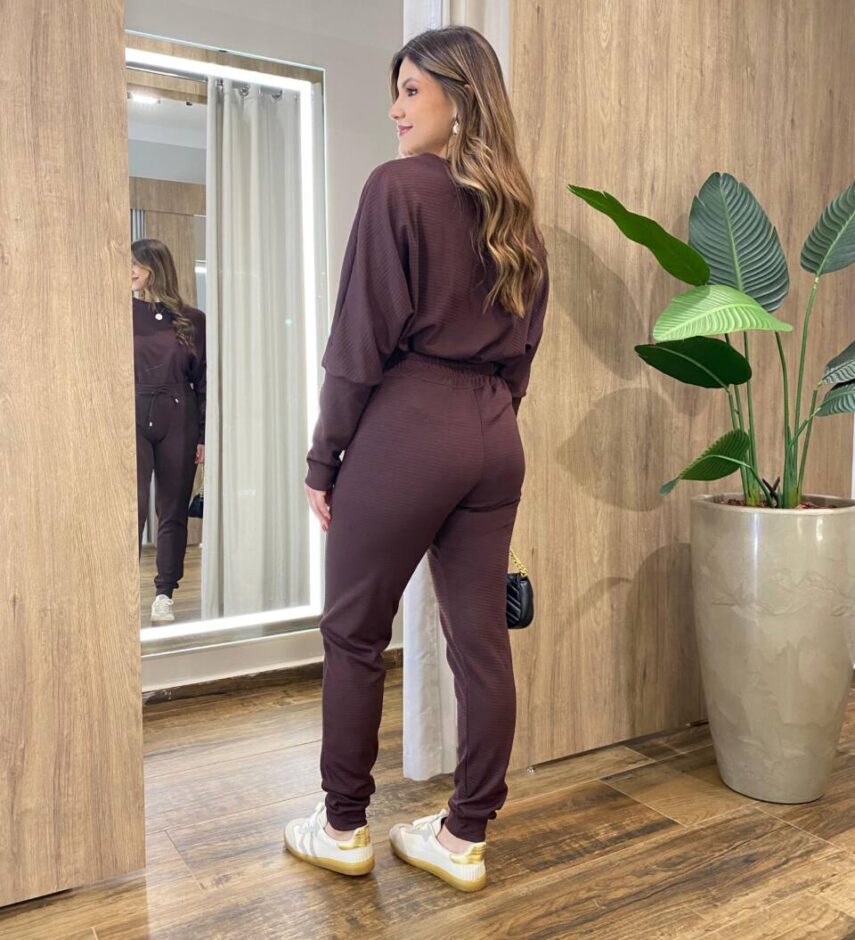 Conjunto Feminino Tylia Blusa Manga Longa e Calça Amarração Marrom - Fernanda Ramos Store