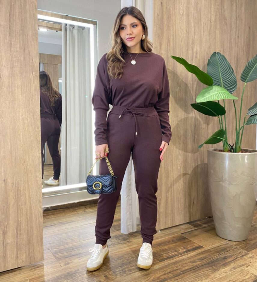 Conjunto Feminino Tylia Blusa Manga Longa e Calça Amarração Marrom - Fernanda Ramos Store
