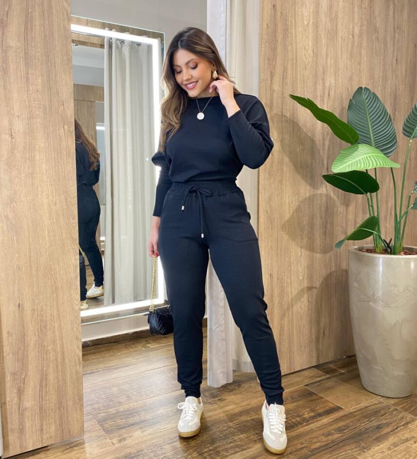 Conjunto Feminino Tylia Blusa Manga Longa e Calça Amarração Preto - Fernanda Ramos Store