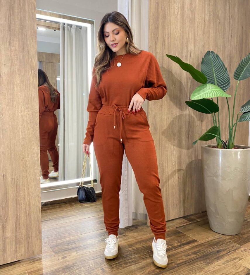 Conjunto Feminino Tylia Blusa Manga Longa e Calça Amarração TerraCota - Fernanda Ramos Store