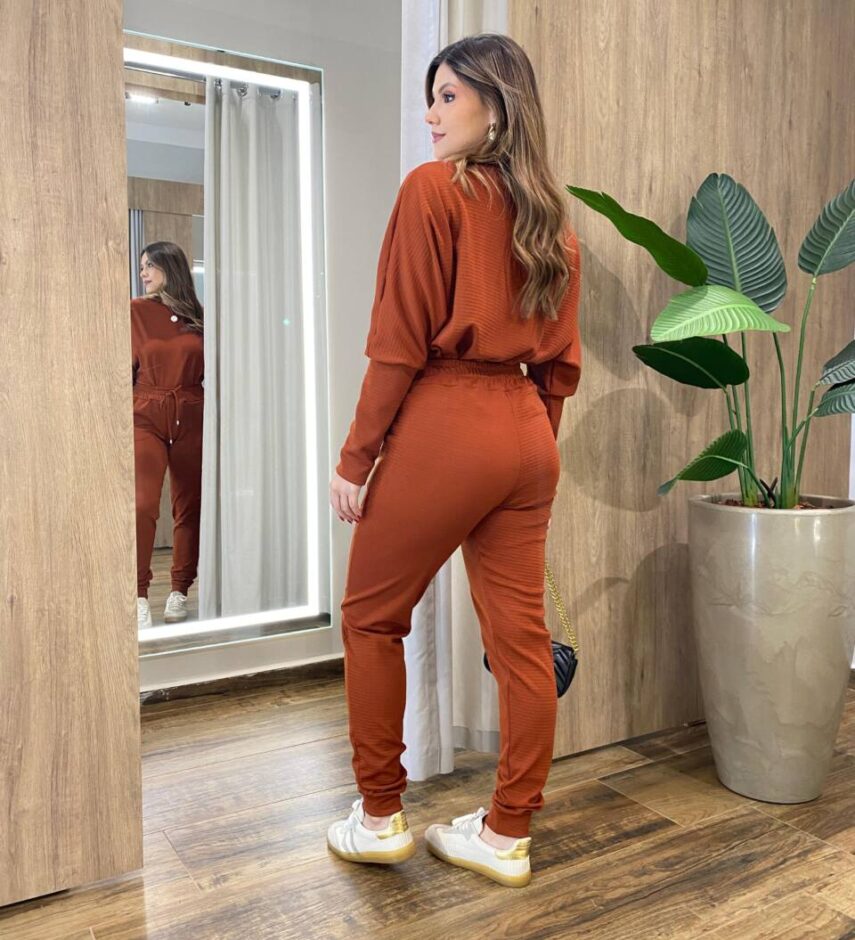 Conjunto Feminino Tylia Blusa Manga Longa e Calça Amarração TerraCota - Fernanda Ramos Store