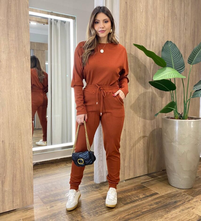 Conjunto Feminino Tylia Blusa Manga Longa e Calça Amarração TerraCota - Fernanda Ramos Store