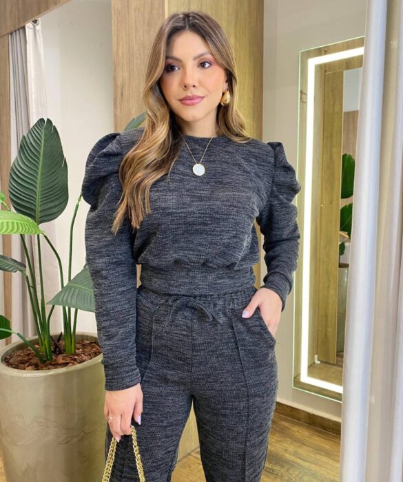 Conjunto Feminino Valem Blusa Manga Longa e Calça Friso Cinza - Fernanda Ramos Store