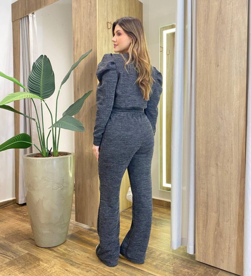 Conjunto Feminino Valem Blusa Manga Longa e Calça Friso Cinza - Fernanda Ramos Store