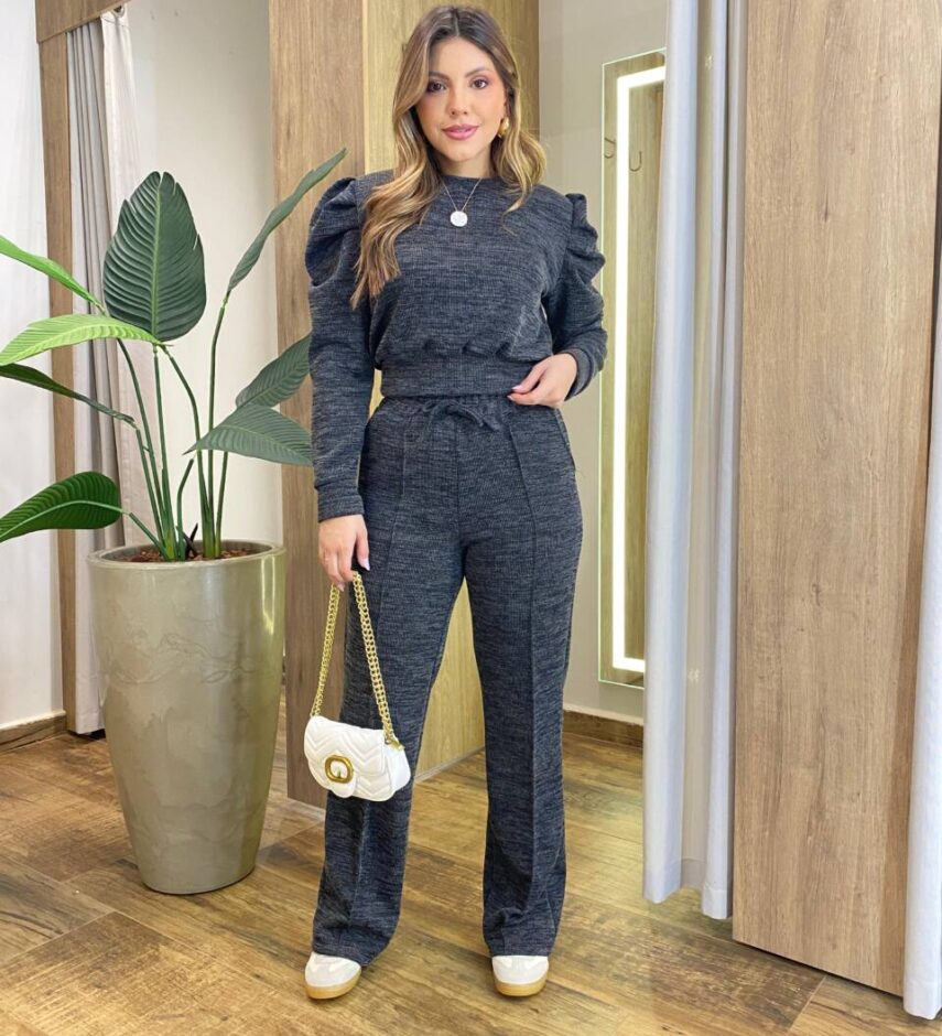 Conjunto Feminino Valem Blusa Manga Longa e Calça Friso Cinza - Fernanda Ramos Store