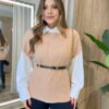 Conjunto Feminino Zendaya Camisa Branca Colete e Cinto Bege - Fernanda Ramos Store