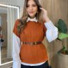 Conjunto Feminino Zendaya Camisa Branca Colete e Cinto Caramelo - Fernanda Ramos Store