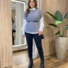 Conjunto Feminino Zendaya Camisa Branca Colete e Cinto Cinza - Fernanda Ramos Store