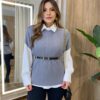 Conjunto Feminino Zendaya Camisa Branca Colete e Cinto Cinza - Fernanda Ramos Store