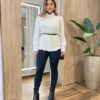 Conjunto Feminino Zendaya Camisa Branca Colete e Cinto Creme - Fernanda Ramos Store