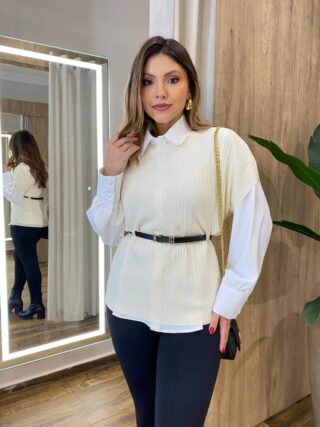 Conjunto Feminino Zendaya Camisa Branca Colete e Cinto Creme - Fernanda Ramos Store