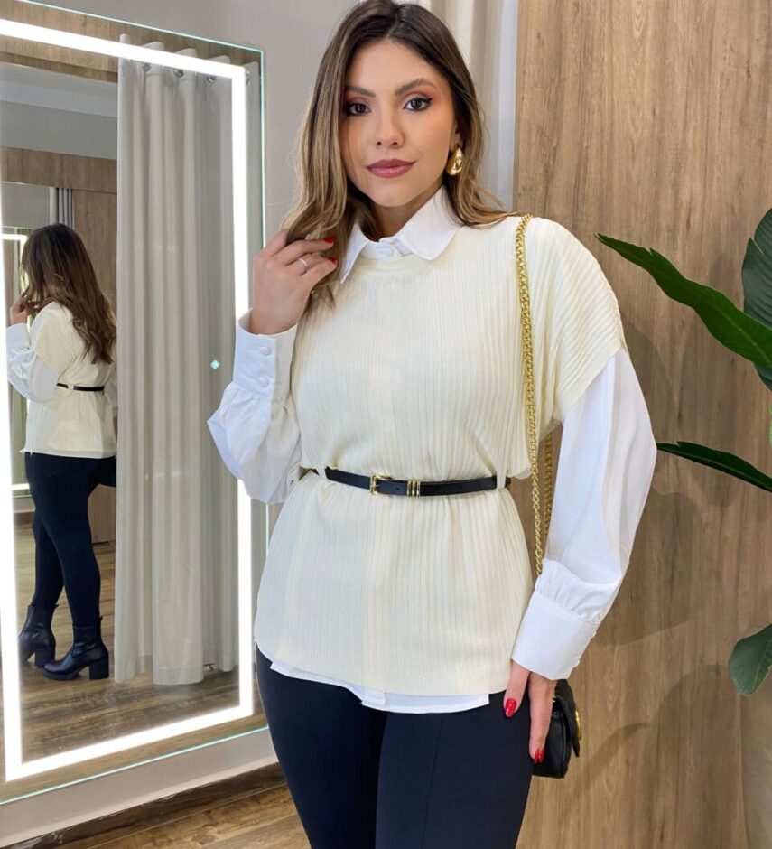Conjunto Feminino Zendaya Camisa Branca Colete e Cinto Creme - Fernanda Ramos Store