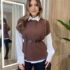 Conjunto Feminino Zendaya Camisa Branca Colete e Cinto Marrom - Fernanda Ramos Store