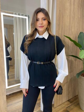 Conjunto Feminino Zendaya Camisa Branca Colete e Cinto Preto - Fernanda Ramos Store