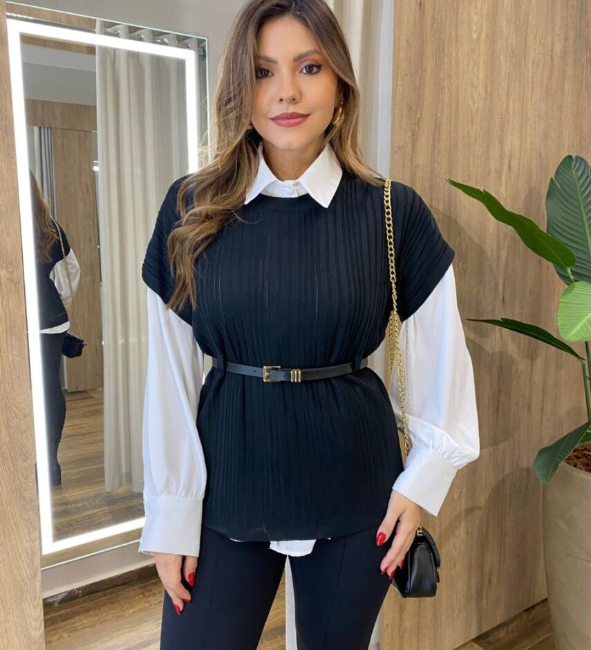 Conjunto Feminino Zendaya Camisa Branca Colete e Cinto Preto - Fernanda Ramos Store