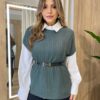 Conjunto Feminino Zendaya Camisa Branca Colete e Cinto Verde - Fernanda Ramos Store