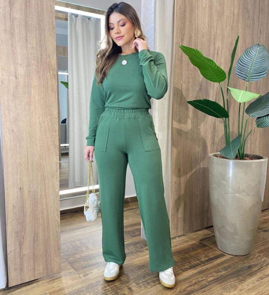 Conjunto Moletinho Pérola Blusa Manga Longa e Calça Verde - Fernanda Ramos Store
