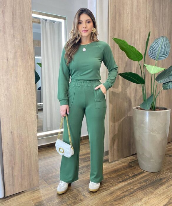 Conjunto Moletinho Pérola Blusa Manga Longa e Calça Verde Fernanda Ramos Store