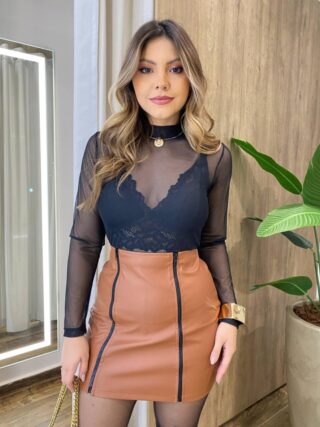 Cropped Feminino sem Bojo Isabel Manga Longa em Tule Preto - Fernanda Ramos Store
