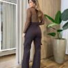 Cropped Feminino sem Bojo Manga Longa Tule Fio Lurex Marrom - Fernanda Ramos Store
