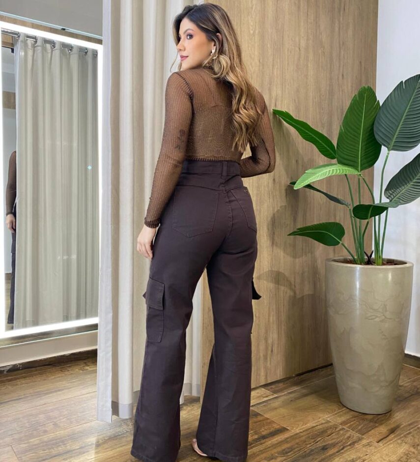 Cropped Feminino sem Bojo Manga Longa Tule Fio Lurex Marrom - Fernanda Ramos Store